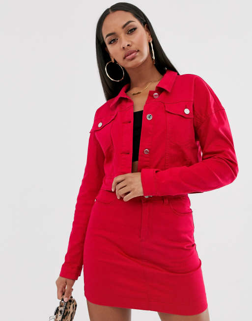 Red denim jacket and best sale skirt set