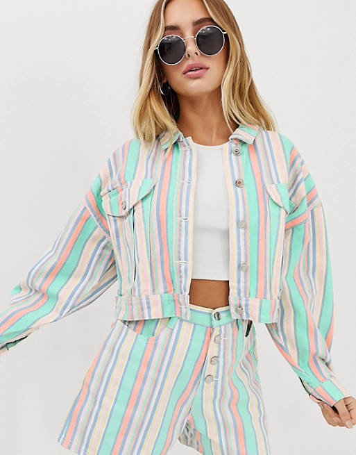  Missguided co-ord cropped oversized denim jacket in pastel stripe