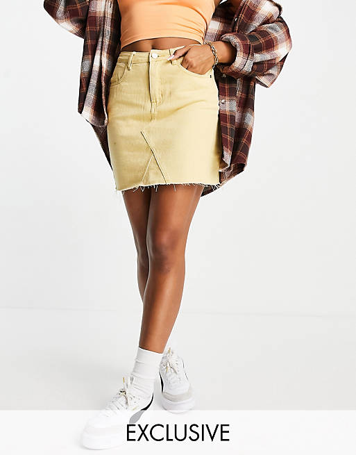 Missguided co-ord denim skirt with raw hem in yellow