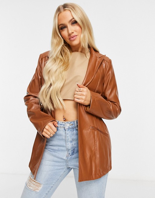 Missguided co-ord faux leather boyfriend blazer in toffee