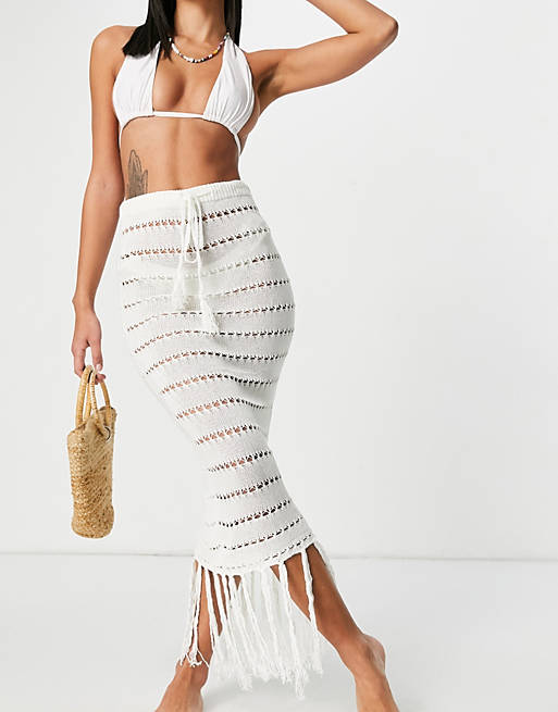 Missguided co-ord knitted crochet skirt with tassle detail in cream