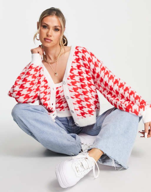 Missguided co-ord knitted houndstooth cardigan in red