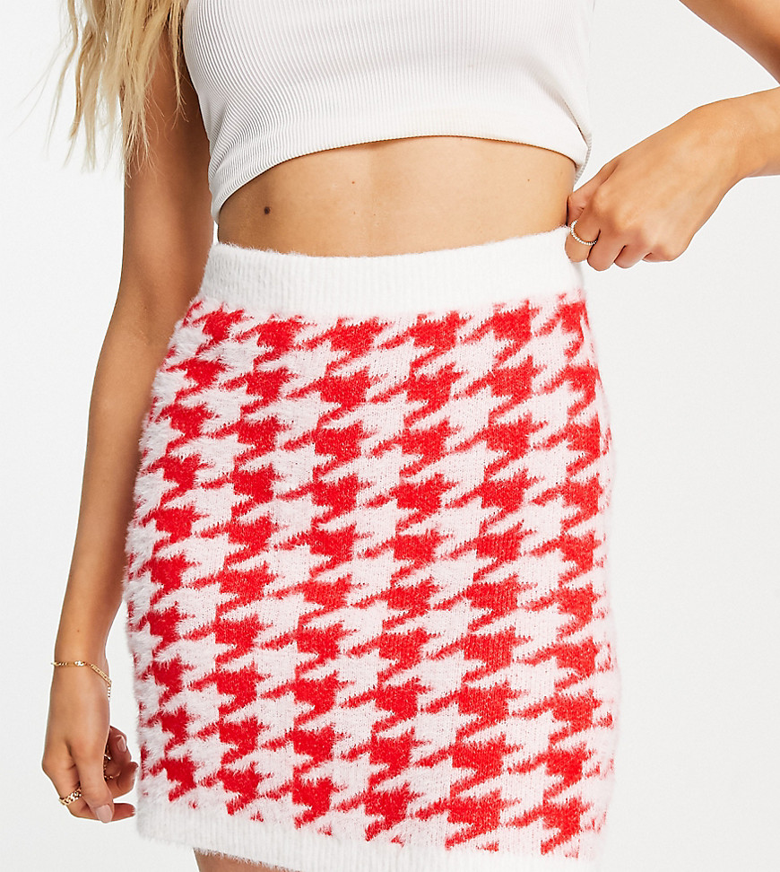 missguided co-ord knitted houndstooth mini skirt in red