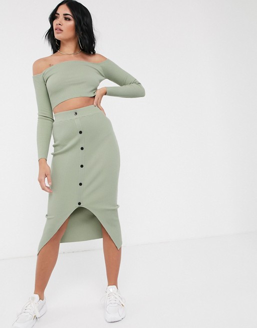 Missguided co-ord knitted midi skirt with contrast bottons in sage