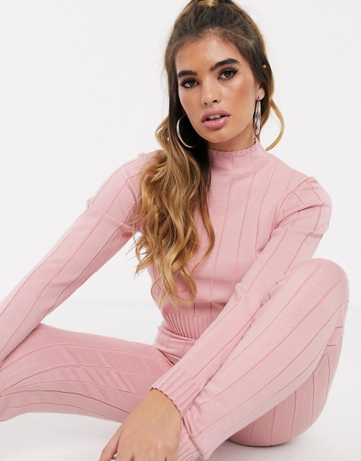 Missguided co-ord knitted rib high neck jumper in pink