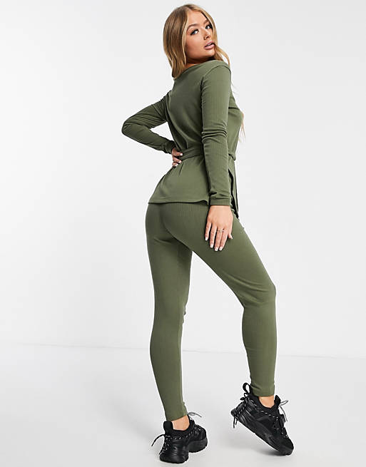 Women Missguided co-ord long sleeve t-shirt and legging set with tie waist detail in khaki 
