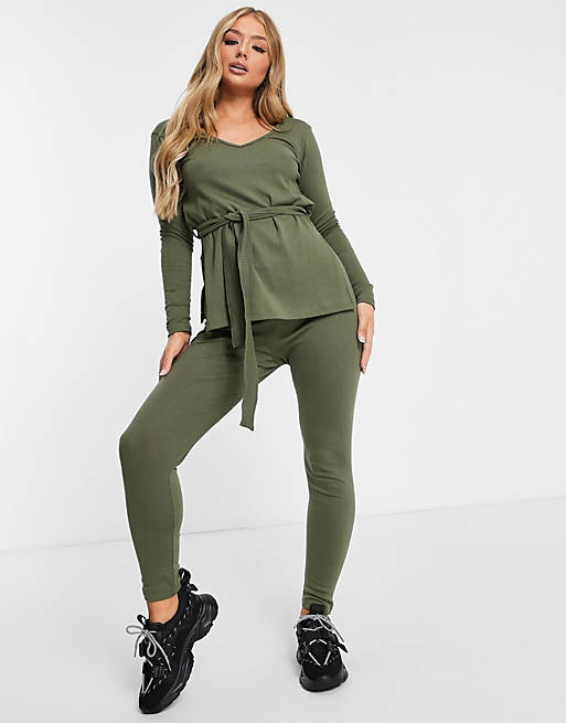 Women Missguided co-ord long sleeve t-shirt and legging set with tie waist detail in khaki 