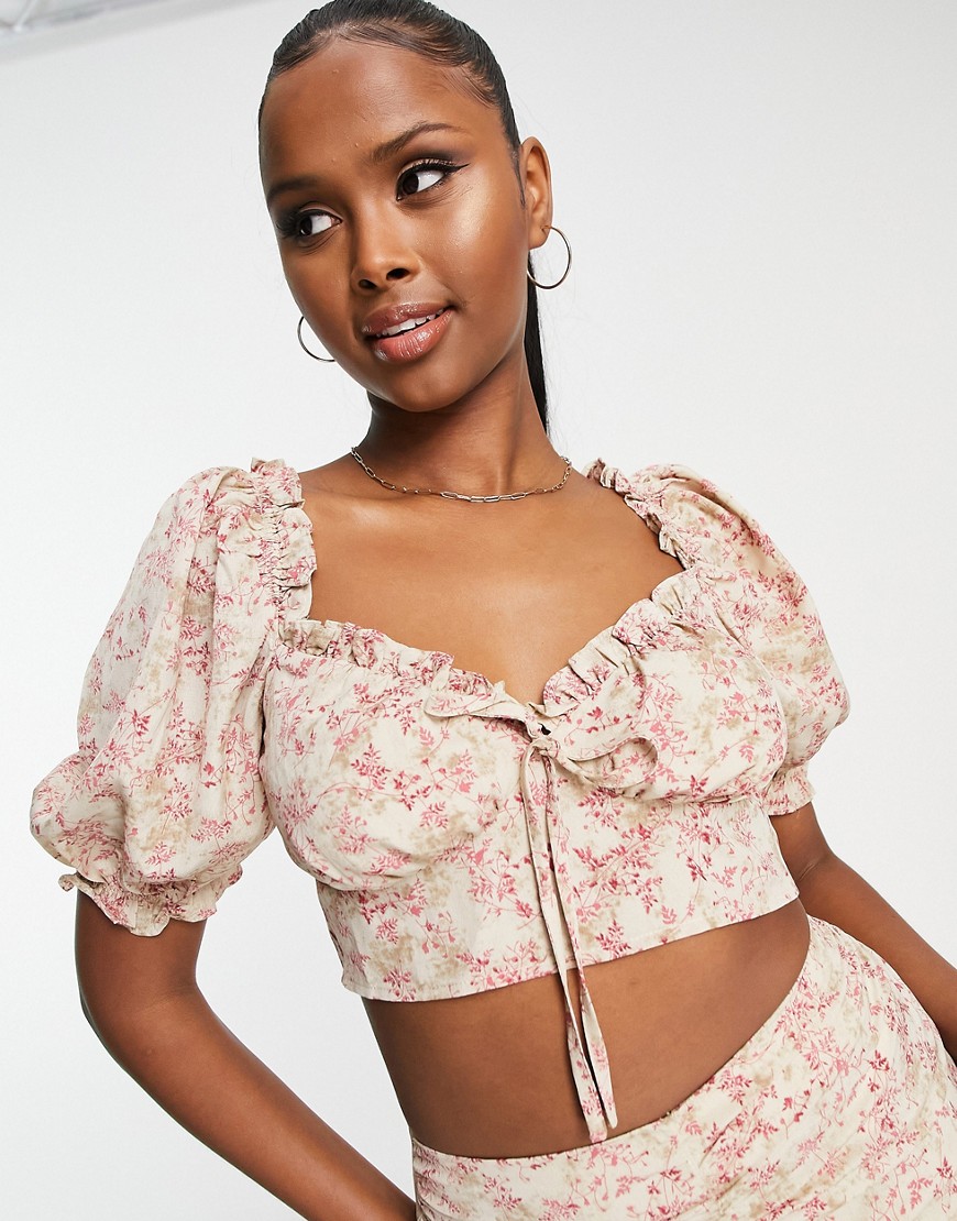 missguided co-ord milkmaid top with ruched detail in stone floral-neutral