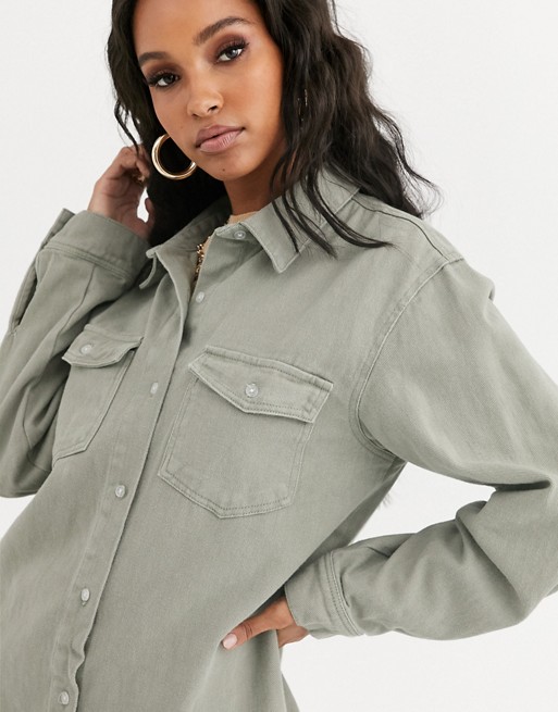 Missguided co-ord oversized denim shirt in sage