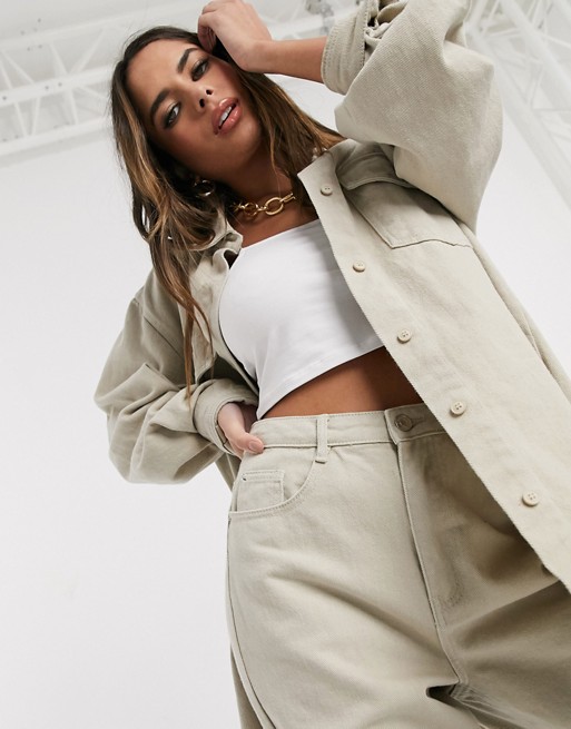 Missguided co-ord oversized denim shirt in stone