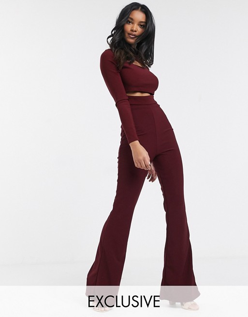 Missguided co-ord ribbed flare trousers in burgundy