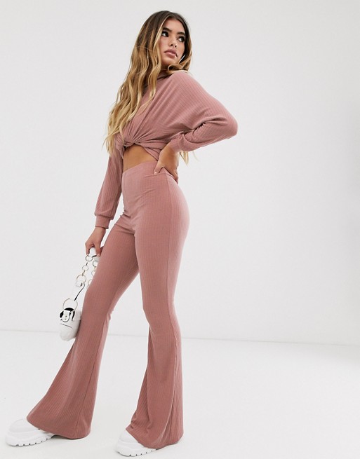 Missguided co-ord ribbed flare trousers in rose