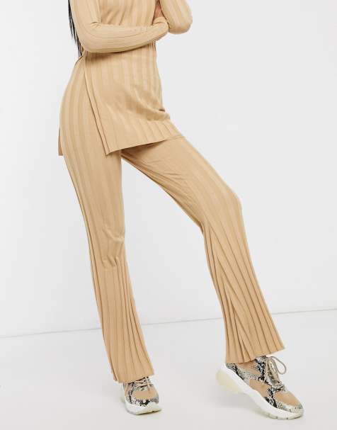 Missguided co-ord ribbed high waisted flared trousers in camel