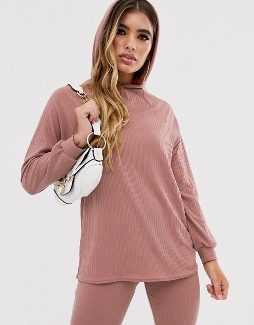 Missguided co-ord ribbed hoodie in rose