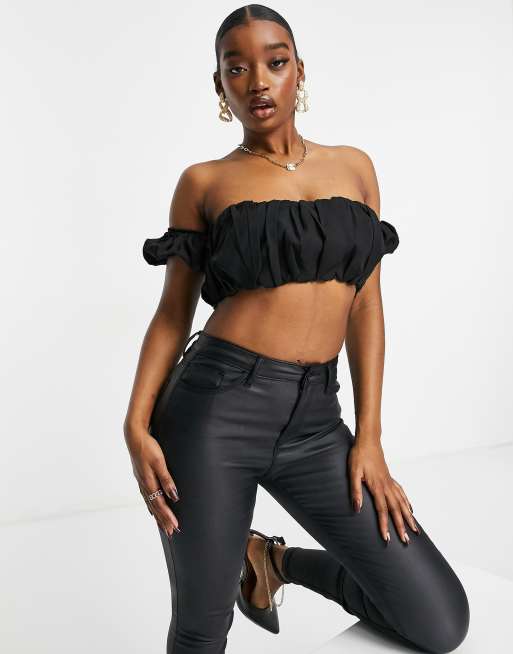 Missguided co ord ruched bardot crop top in black ASOS