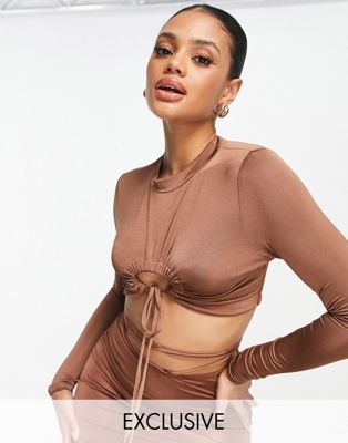 Missguided co-ord ruched cut out slinky crop top in brown - ASOS Price Checker