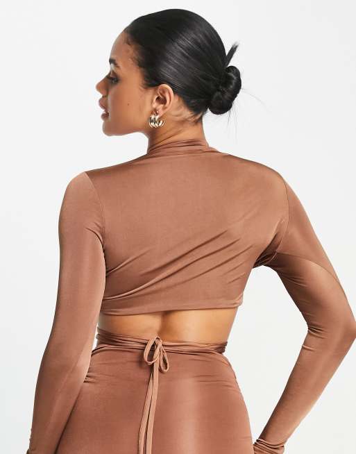 Missguided co-ord ruched cut out slinky crop top in brown, 2 of 4