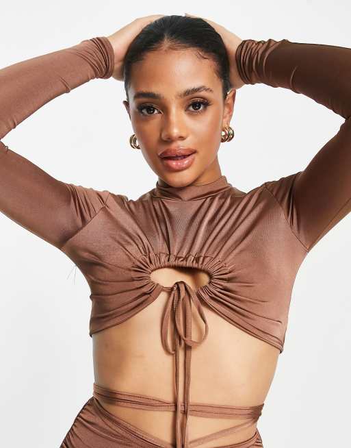 Missguided co-ord ruched cut out slinky crop top in brown, 3 of 4