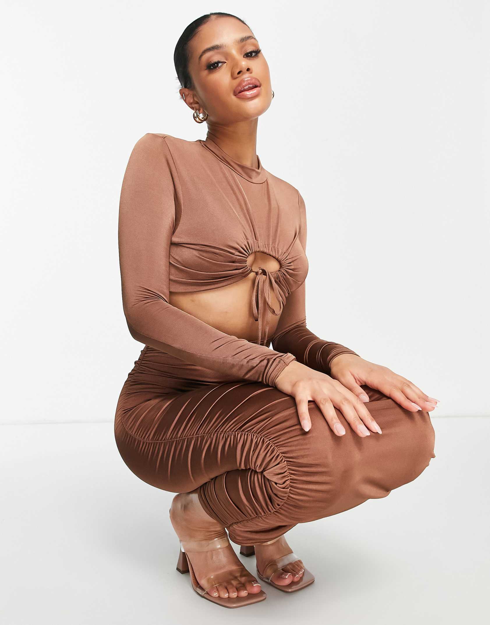 Missguided co ord ruched cut out slinky crop top in brown ASOS Price Checker