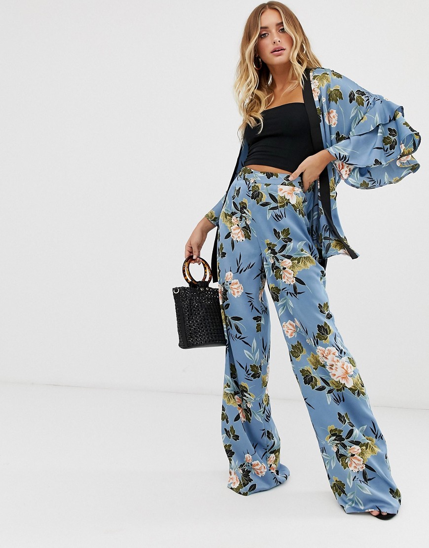 Missguided co-ord satin wide leg trousers in blue floral print-Multi