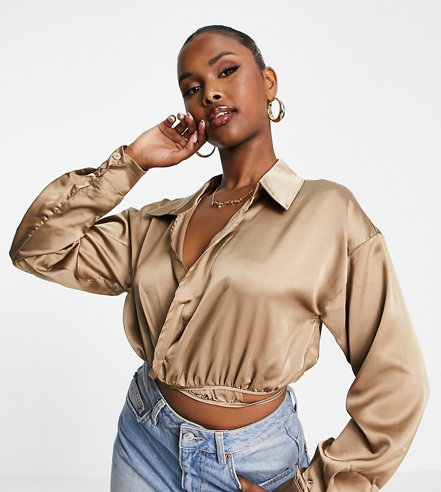 missguided co-ord satin wrap blouse in champagne-neutral