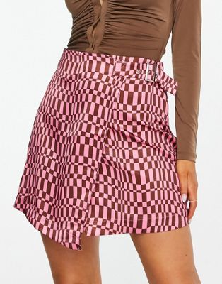 Missguided co-ord satin wrap mini skirt in pink checkerboard - ASOS Price Checker