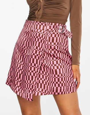 Missguided co-ord satin wrap mini skirt in pink checkerboard