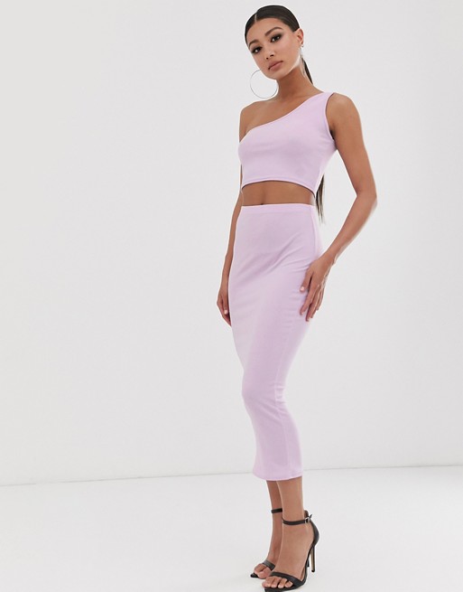 Missguided co-ord set one shoulder crop top and midaxi skirt in lilac