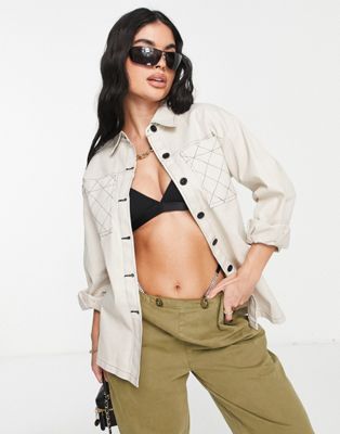 Missguided co-ord shirt with contrast stitch detail in cream-White