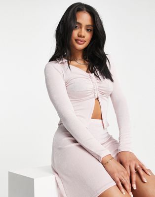 Missguided co-ord slinky shirt with ruched front in pink