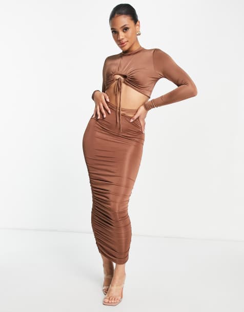Missguided co-ord strappy waist slinky ruched midi skirt in brown - view 1