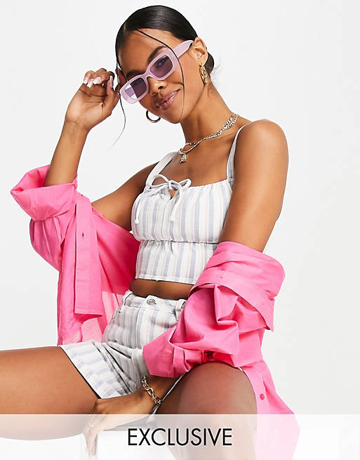 Missguided co-ord tie front crop top in blue stripe