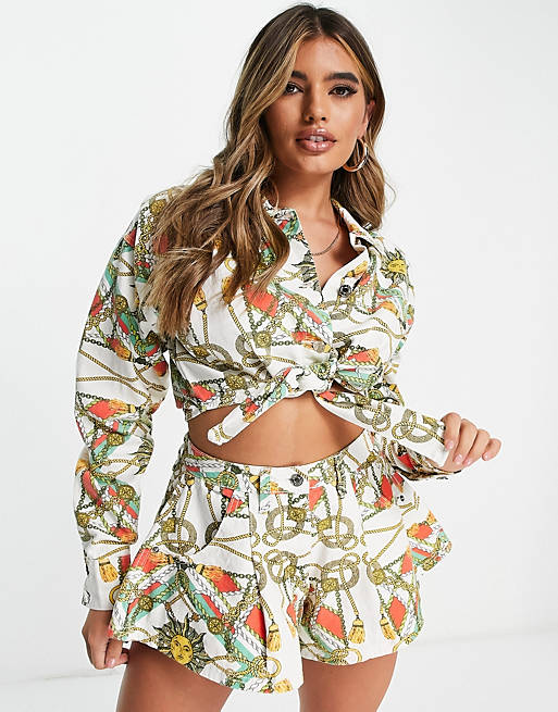 Missguided co-ord tie front shirt in white vintage scarf print