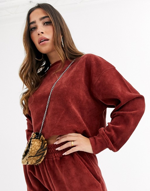 Missguided co-ord velour cropped sweatshirt in rust