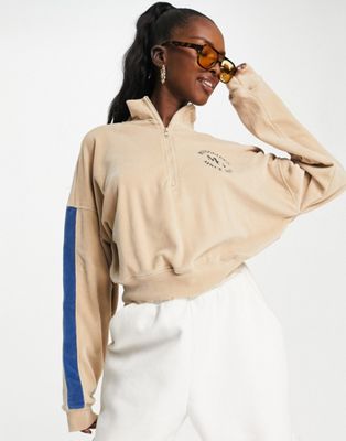 Missguided co-ord velour rugby sweatshirt with half zip in cream