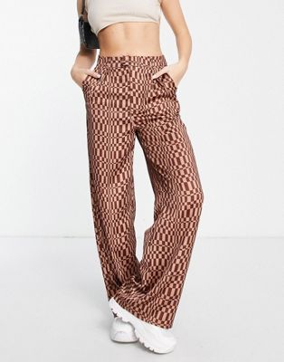 Missguided co-ord wide leg trouser in brown checkerboard