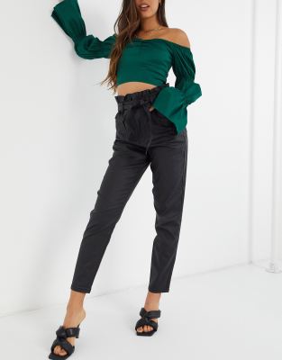 Missguided coated paperbag waist jeans in black