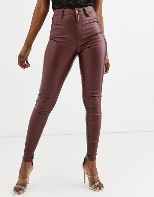 Missguided coated skinny vice jeans in burgundy