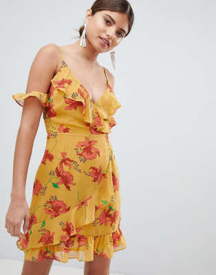 Missguided Cold Shoulder Floral & Polka Dot Dress-Yellow