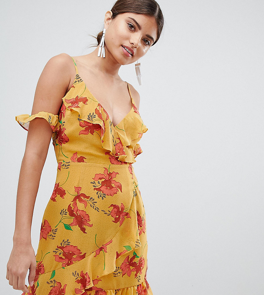 Missguided Cold Shoulder Floral & Polka Dot Dress-Yellow