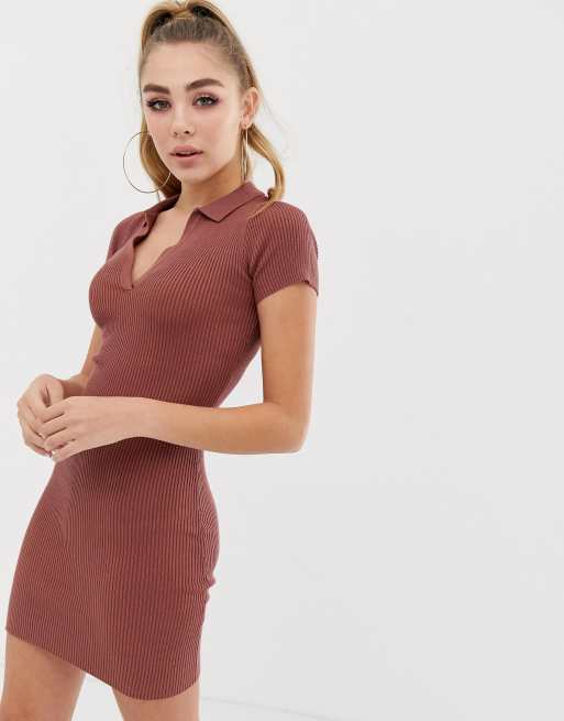 missguided collared bodycon dress in dark pink