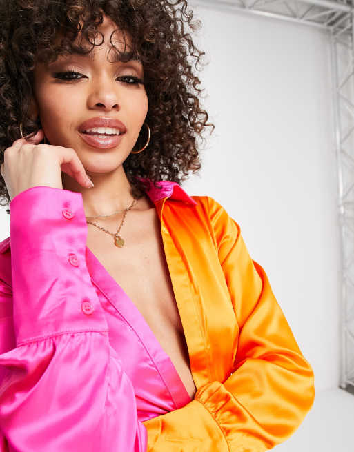 missguided orange satin dress Missguided colourblock satin mini dress with ruched drape front in orange  and pink