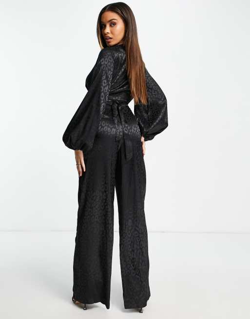 Missguided - Combinaison large nouée sur le devant en satin - Noir, 3 de 4