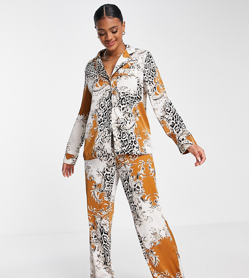 Missguided contrast leopard print satin pajama set in orange