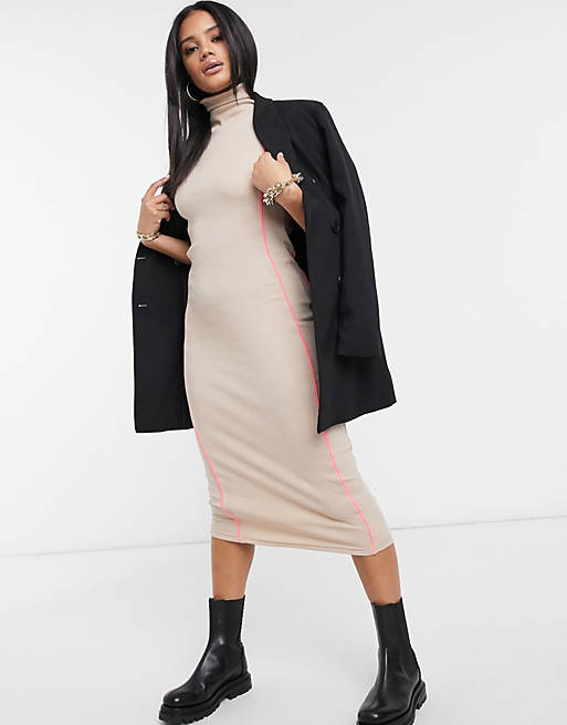 Missguided contrast piping ribbed midi dress in sand