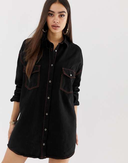 Missguided contrast stitch mini denim shirt dress in black Missguided contrast stitch mini denim shirt dress in black