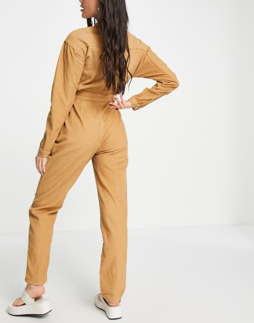 Missguided cord belted jumpsuit in brown