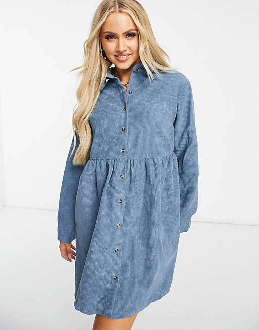 Missguided cord long sleeve shirt smock dress in slate blue