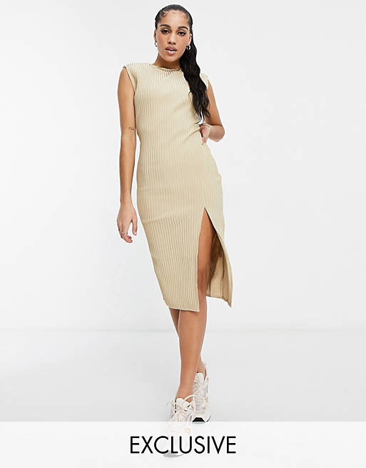 Missguided cord midaxi dress with side split in beige