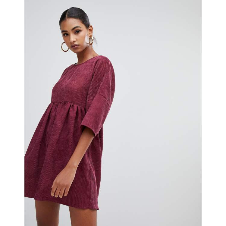 Missguided cord smock dress in burgundy ASOS